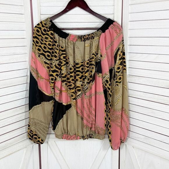 Metaphor Equestrian Print Chiffon Smocked Neck Blouse Black Pink XL - Picture 9 of 12